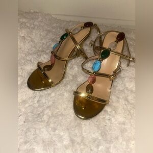 Elegant Gold Strappy Sandals with Multicolor Accents: Never Worn